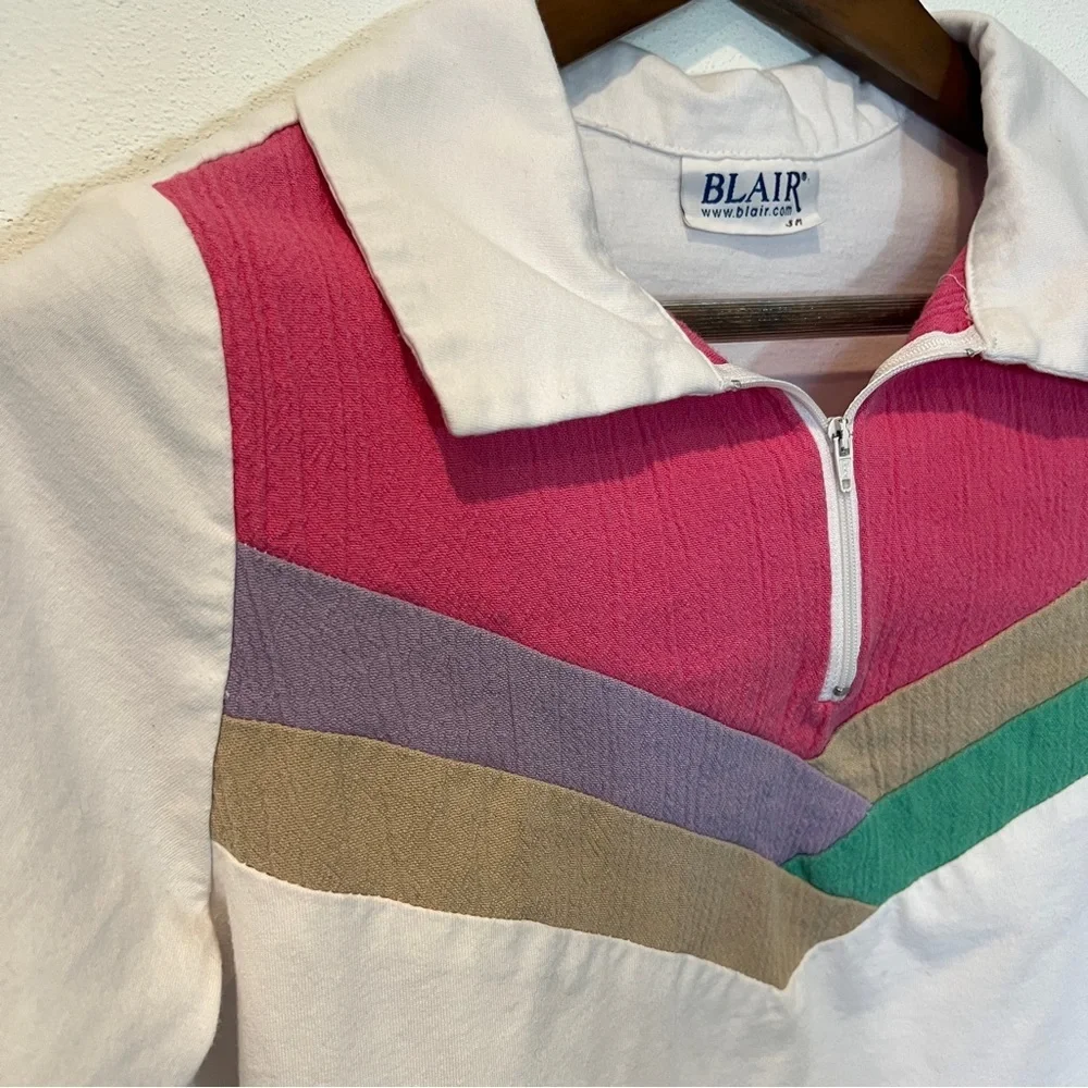 Vintage Blair Chevron Color Block 1/4 Zip Pullover Short Sleeve Shirt - Picture 3 of 8